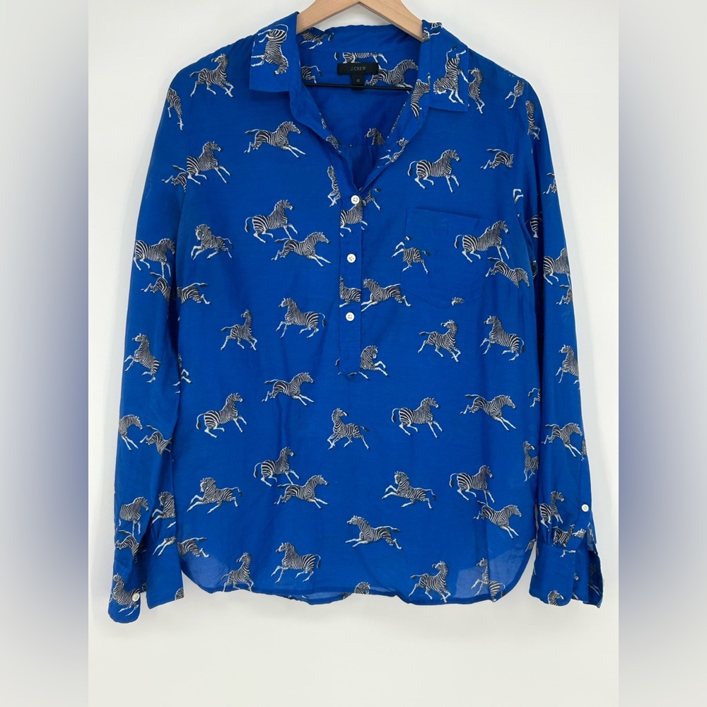 J.Crew Zebra Print Button Up Shirt |Cobalt Blue | Size 12 | Silk Blend - Picture 3 of 11
